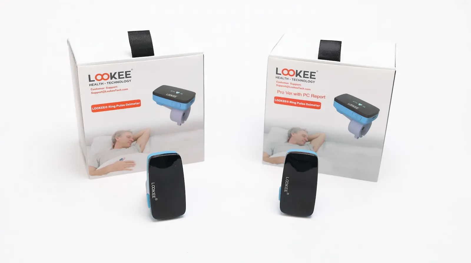 LOOKEE Ring Pulse Oximeter standard and Pro versions with PC Report, shown with packaging boxes