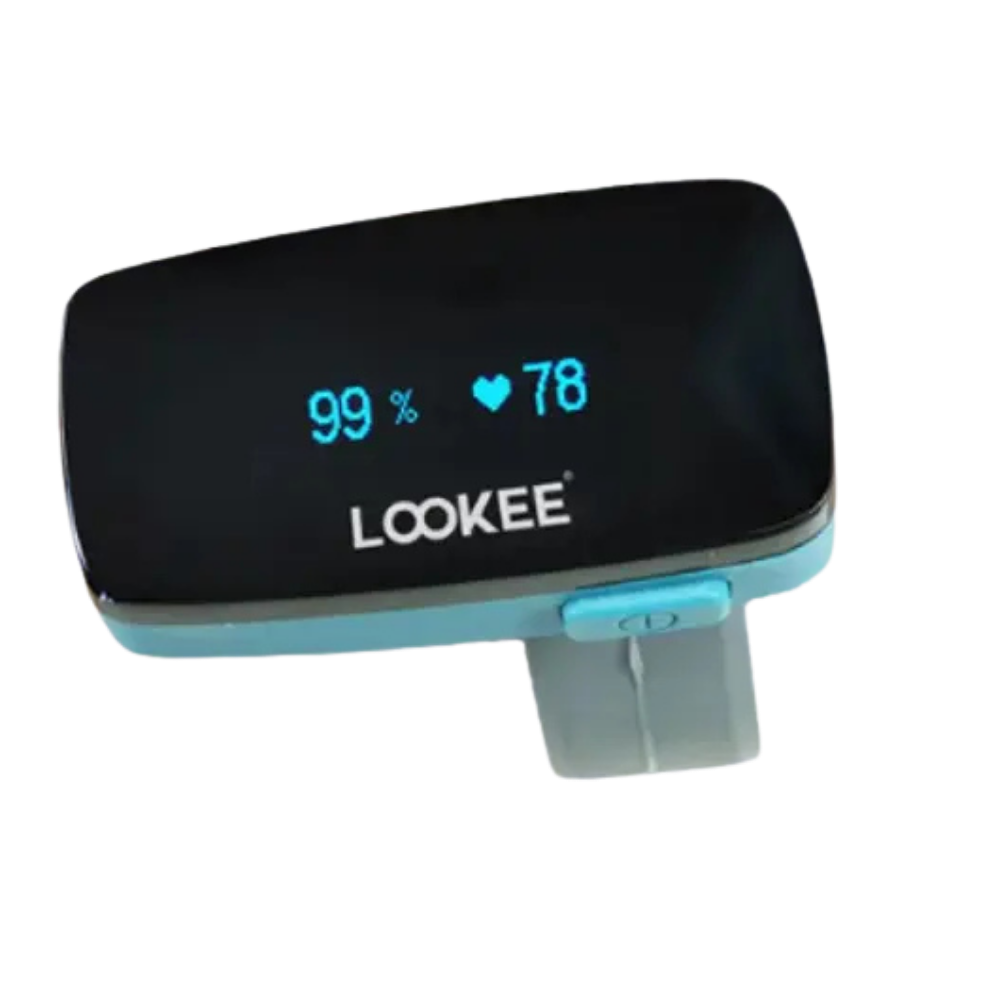 LOOKEE fingertip pulse oximeter displaying 99% SpO2 oxygen saturation and 78 BPM heart rate on OLED screen
