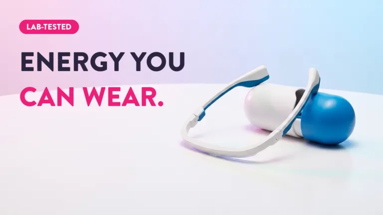 Lab-tested wearable energy device with blue and white capsule design displayed beside flexible headband frame