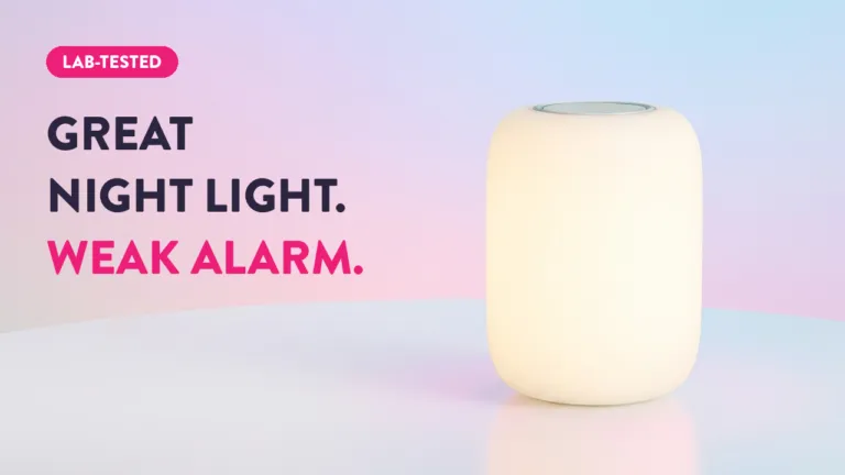 Lab-tested smart night light lamp with warm glow — great night light, weak alarm review banner