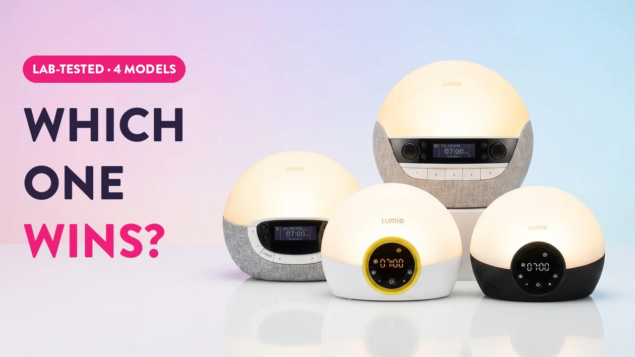 Four Lumie wake-up light alarm clocks lab-tested comparison showing which model wins, displayed on gradient background