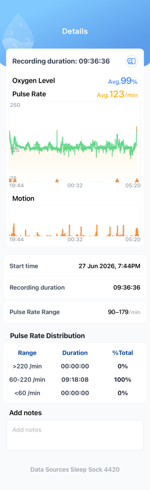 Sleep tracking app showing 9h36m recording with avg 99% oxygen, avg 123 BPM pulse rate, and motion data from Jun 27 2026
