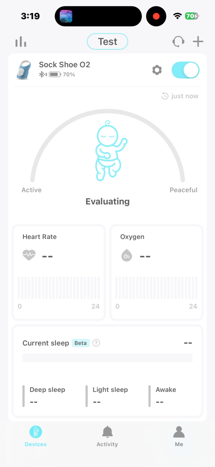 Baby health monitoring app showing Sock Shoe O2 device evaluating infant heart rate, oxygen levels, and sleep stages on smart