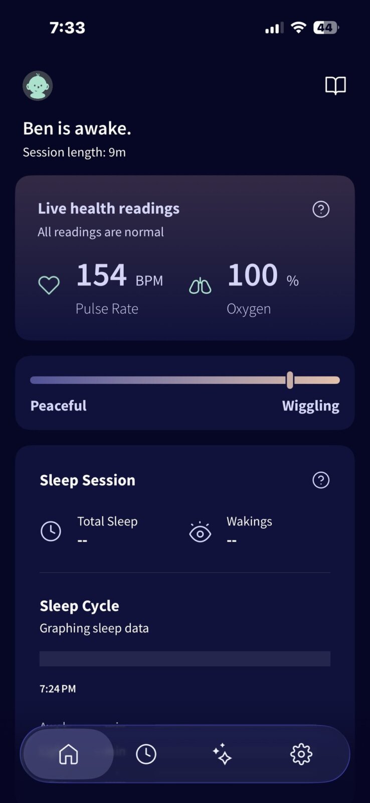Baby monitor app showing Ben awake with 154 BPM pulse rate, 100% oxygen saturation, and movement slider near wiggling