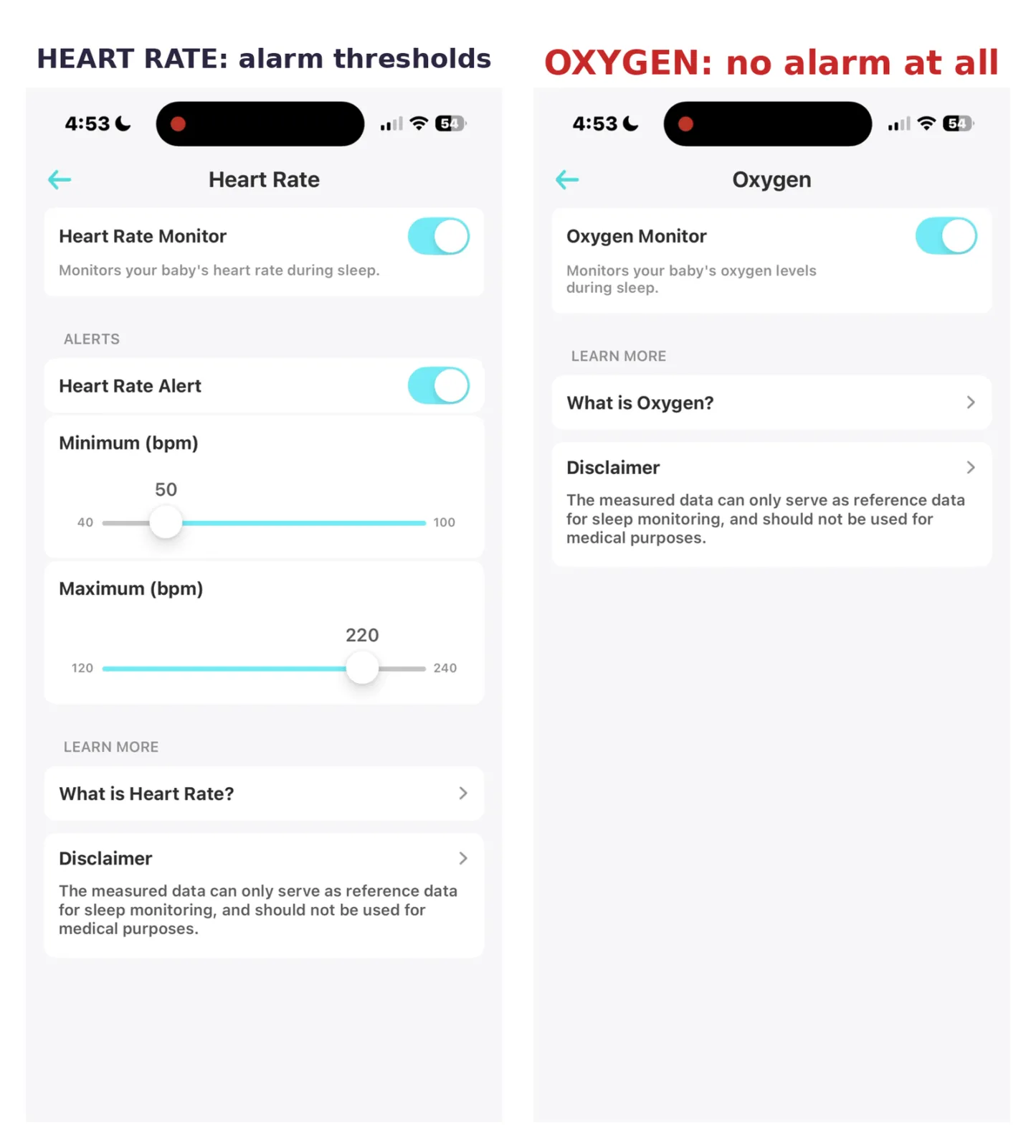 Baby monitor app screenshots comparing heart rate alarm thresholds settings to oxygen monitor with no alert options available
