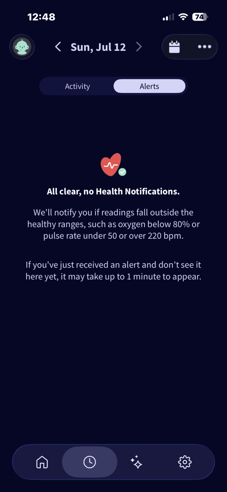 Baby health monitoring app showing Alerts tab with no health notifications on Sunday July 12, displaying safe oxygen and puls