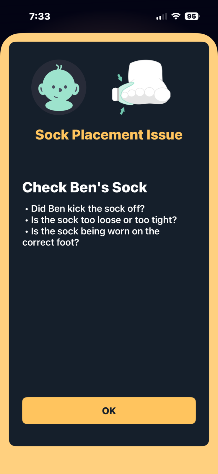 Owlet baby monitor app alert showing sock placement issue notification with troubleshooting tips for Ben's smart sock