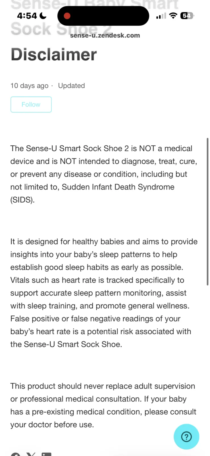 Sense-U Smart Sock Shoe 2 disclaimer page stating it is not a medical device and cannot prevent SIDS