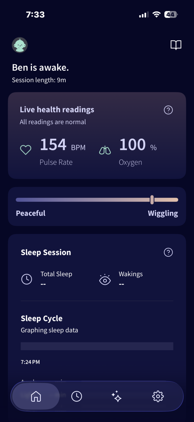 Baby monitor app showing Ben awake with 154 BPM pulse rate, 100% oxygen saturation, and wiggling movement detected