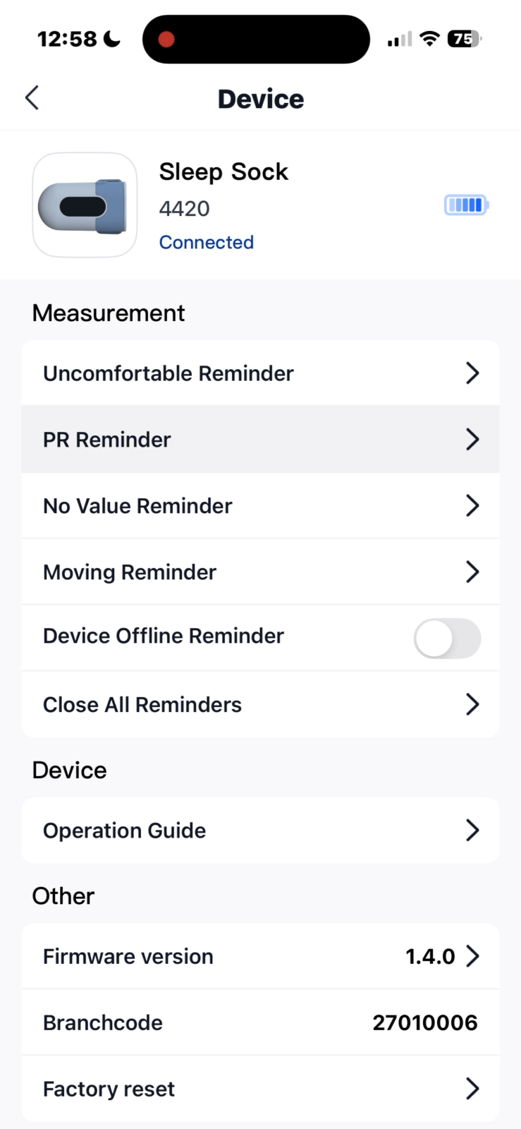 Sleep Sock pulse oximeter device settings screen in mobile app showing firmware version 1.4.0, connected status, and reminder