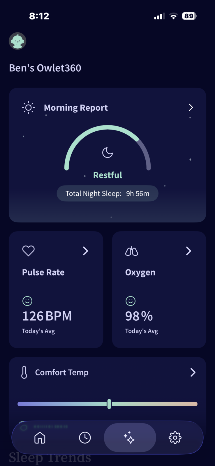Owlet360 baby monitor app showing restful sleep report with 9h 56m total sleep, 126 BPM pulse rate, and 98% oxygen levels