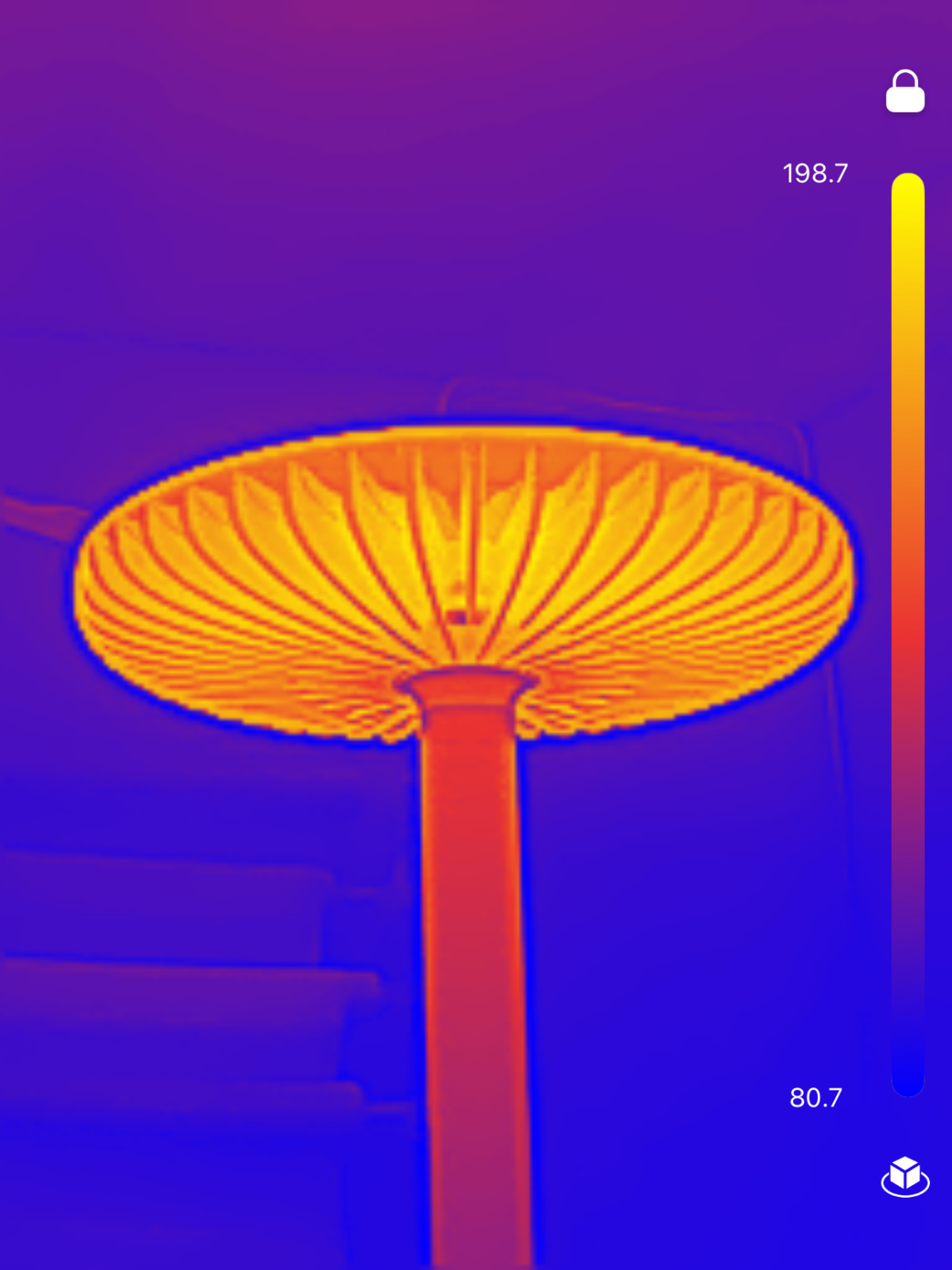 Thermal imaging of a mushroom lamp showing heat distribution, with temperatures ranging from 80.7°F to 198.7°F