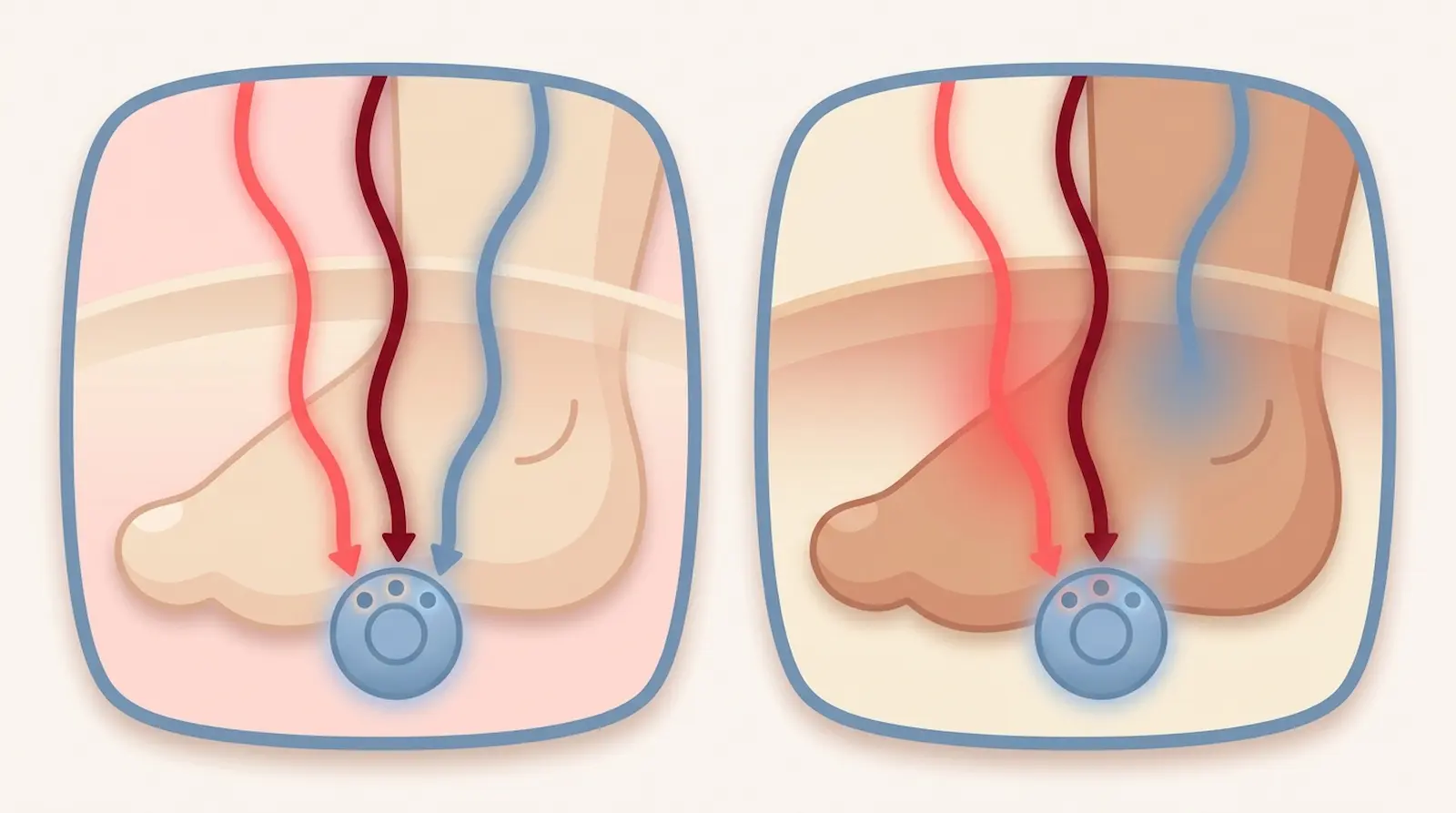 Medical diagram comparing healthy vs. inflamed ankle blood flow with arterial and venous circulation arrows and a nerve stimu