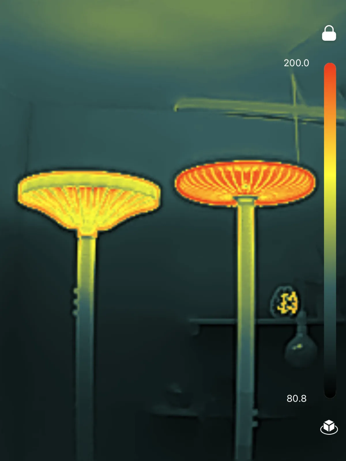 Thermal imaging of two mushroom-shaped infrared heaters showing temperature range 80.8°F to 200°F in orange-red heat map