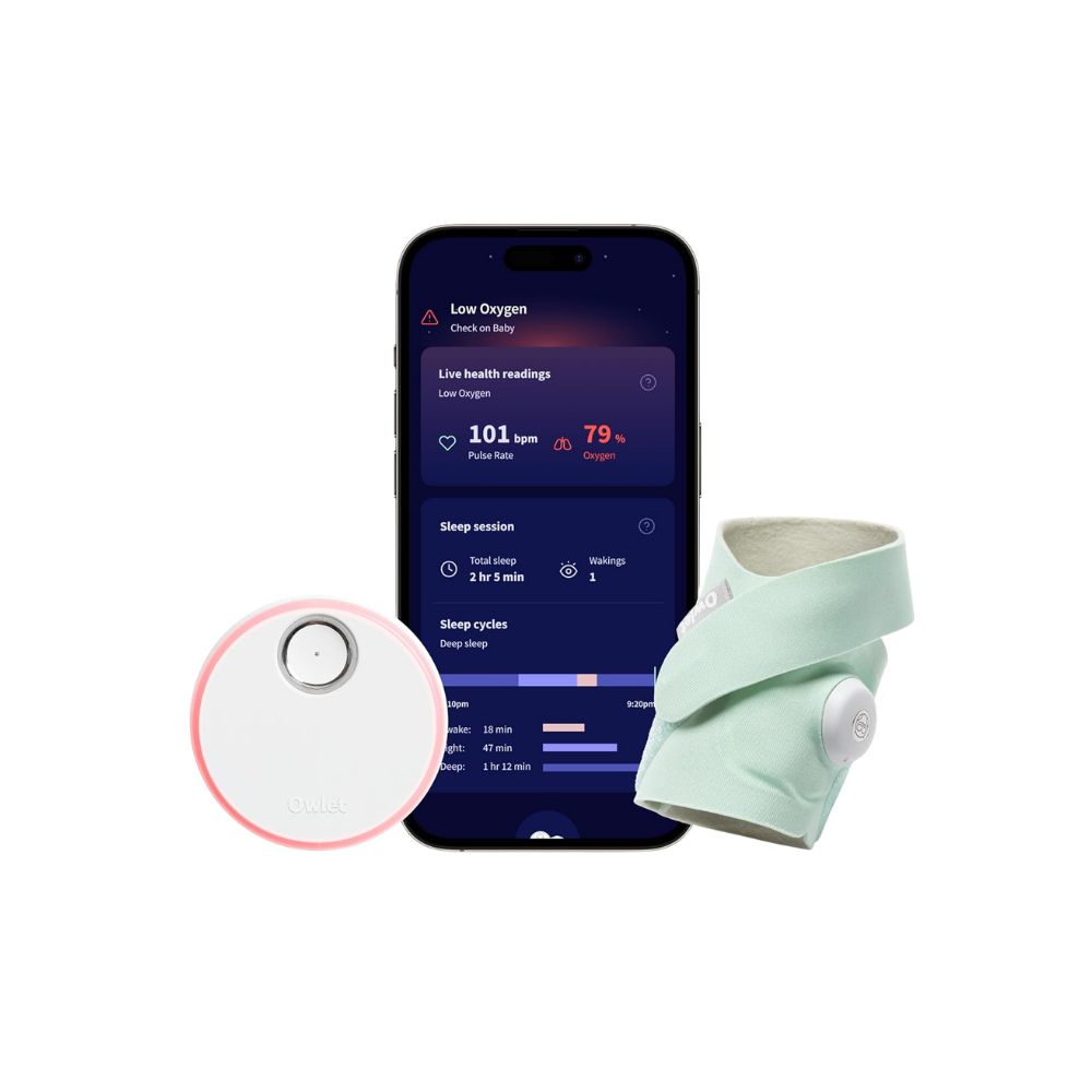 Owlet Dream Sock baby monitor with mint fabric sock, circular sensor base glowing pink, and smartphone app showing live oxyge