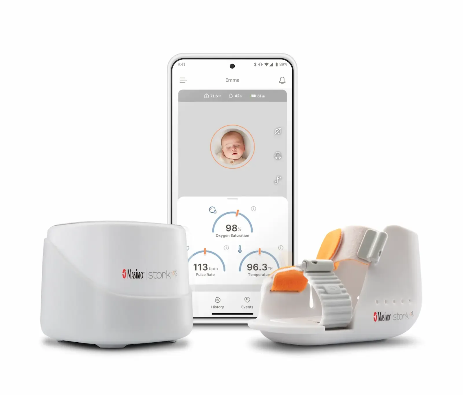 Masimo Stork baby monitor system showing hub, wearable bootie sensor, and smartphone app displaying oxygen saturation, pulse