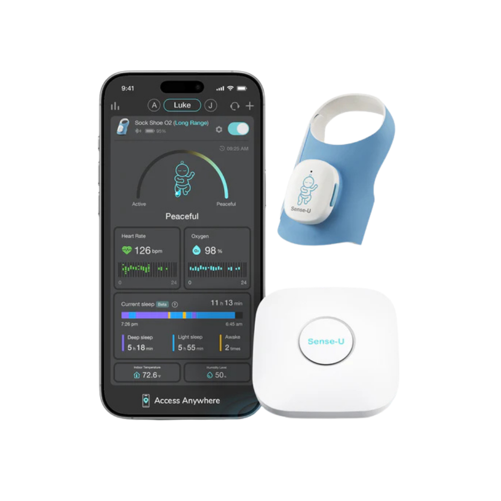Sense-U baby monitor system with wearable sensor clip, base station hub, and smartphone app showing heart rate 126bpm and oxy