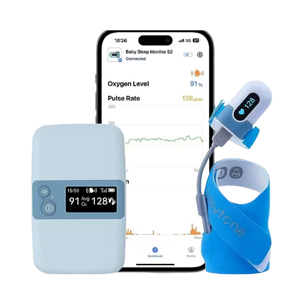Babytone Baby Sleep Monitor S2 with pulse oximeter toe sensor, base unit displaying SpO2 91% and pulse 128, paired with smart