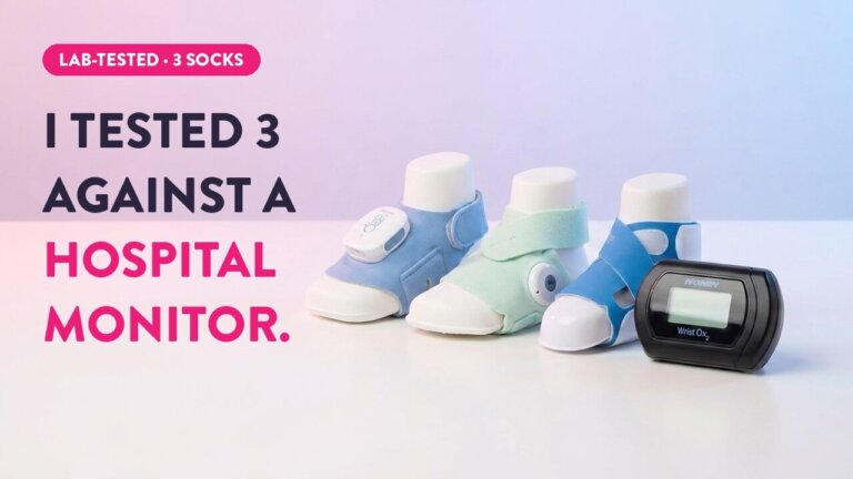 Three baby smart socks in blue, mint, and teal with sensors tested against a Nonin Wrist Ox2 hospital-grade pulse oximeter