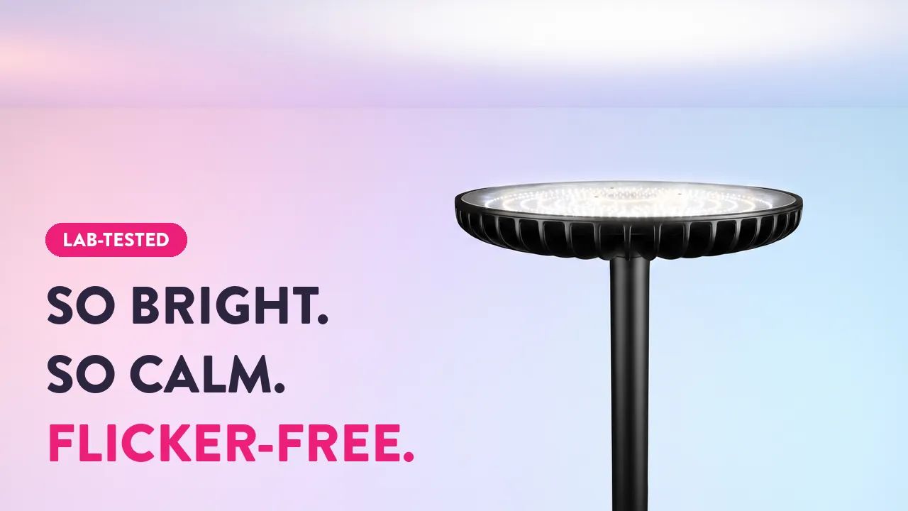 Lab-tested flicker-free LED pole light glowing bright against a soft gradient background with bold text: So Bright. So Calm.