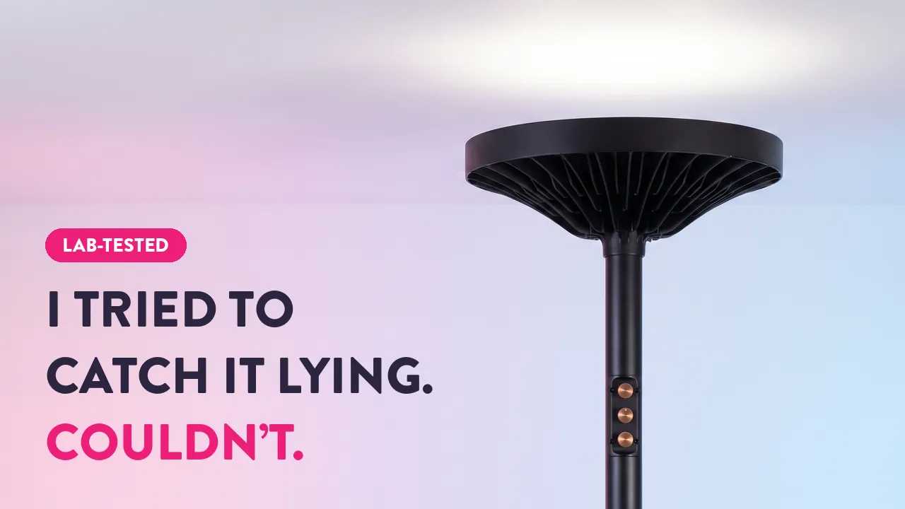 Lab-tested torchiere floor lamp with mushroom-shaped head and copper controls, marketed with bold honest performance claims