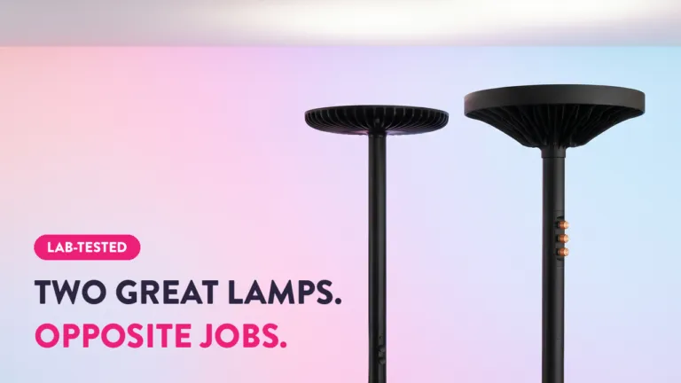 Two lab-tested torchiere floor lamps with mushroom-shaped heads side by side, designed for opposite lighting jobs