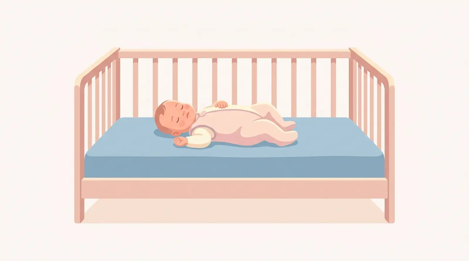 Sleeping baby lying on back in a wooden crib with a blue mattress, safe infant sleep position