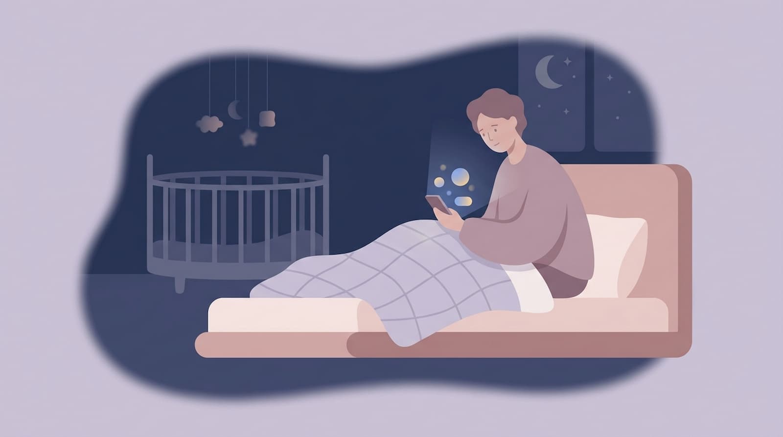 New parent sitting up in bed at night scrolling on smartphone next to empty baby crib, moon visible through window
