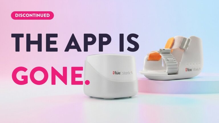 Masimo Stork baby monitor hub and wearable bootie sensor displayed with Discontinued banner and The App Is Gone text