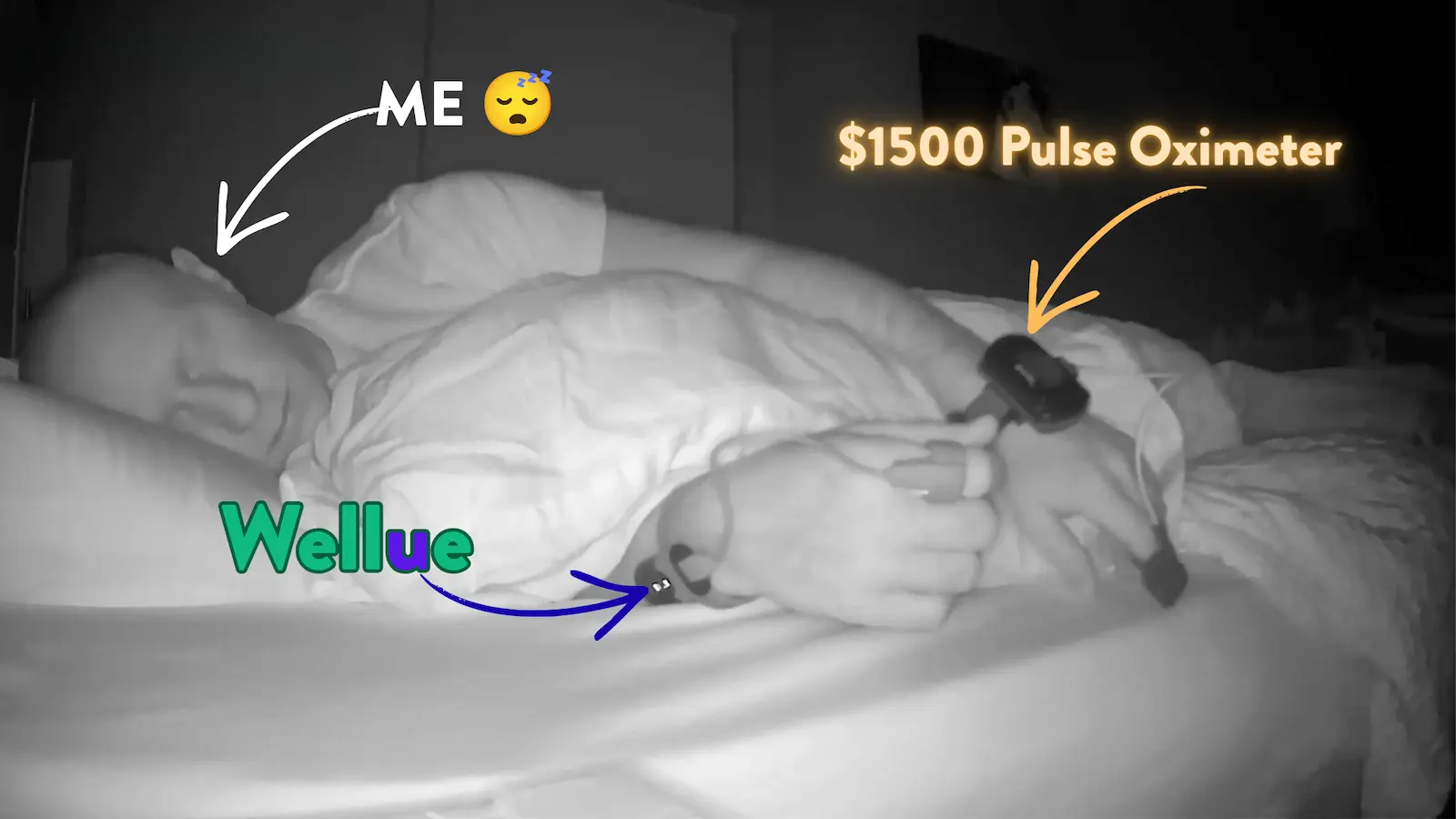Person sleeping in bed wearing a Wellue pulse oximeter on finger alongside a $1500 medical-grade pulse oximeter for sleep tra
