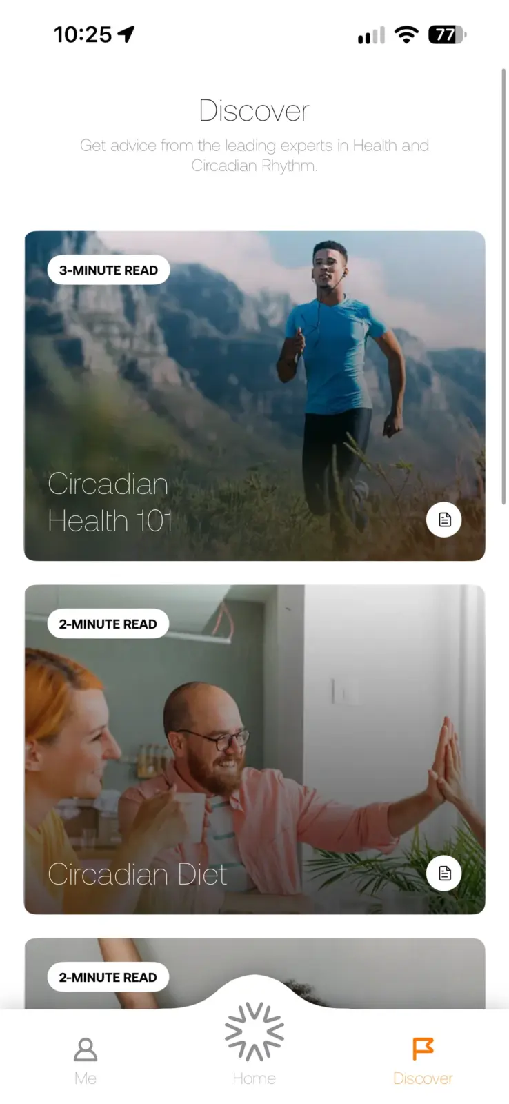 Health app Discover screen showing circadian rhythm articles including Circadian Health 101 and Circadian Diet with read-time