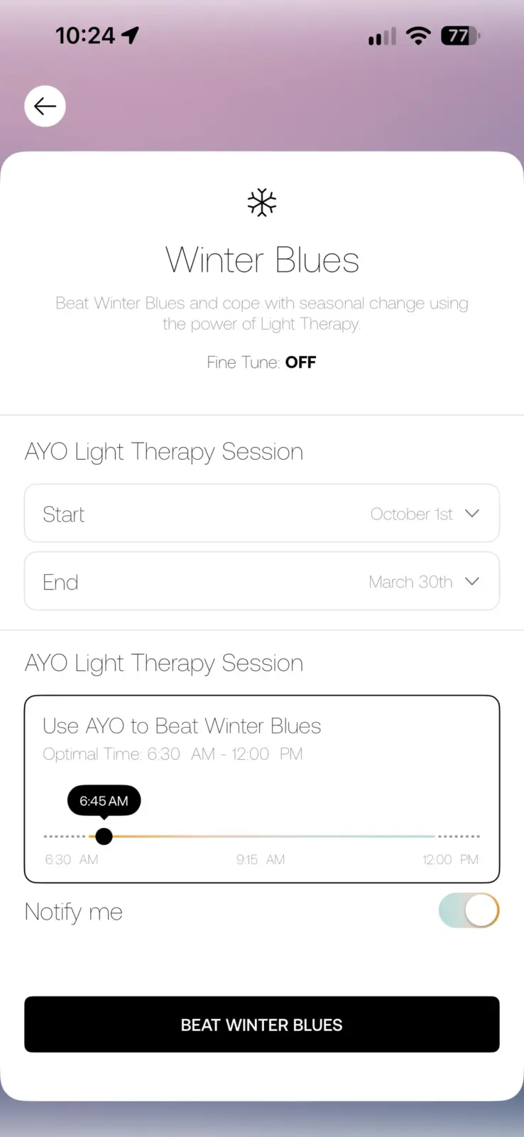 AYO light therapy app Winter Blues feature showing session dates October 1st to March 30th with 6:45 AM optimal therapy time