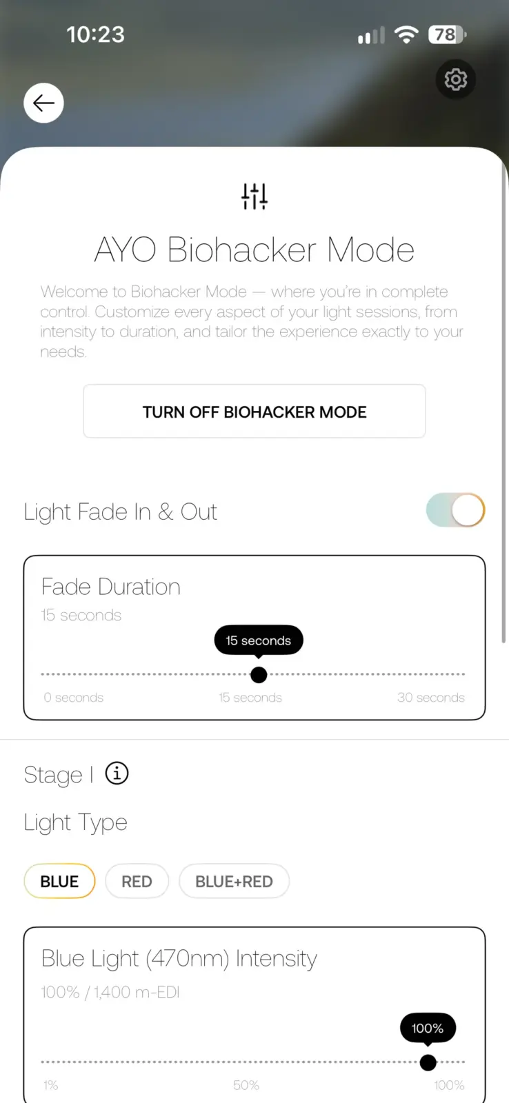 AYO Biohacker Mode app screen showing light therapy customization with fade duration slider set to 15 seconds and blue light