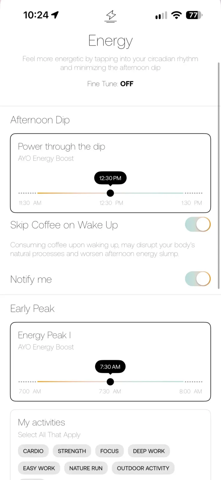 AYO Energy app screen showing circadian rhythm settings with afternoon dip slider at 12:30 PM and early peak boost at 7:30 AM