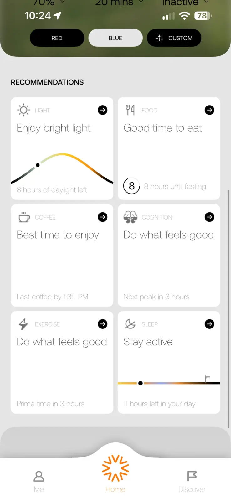 Health optimization app home screen showing personalized recommendations for light exposure, food timing, coffee, cognition,