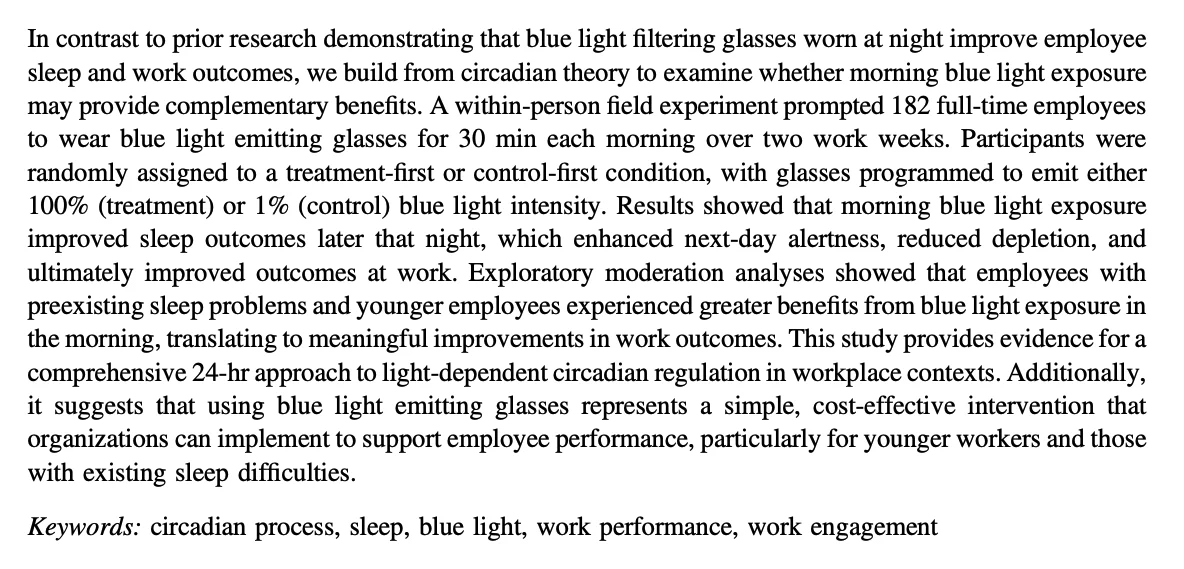 Abstract of a workplace study on morning blue light exposure improving sleep, alertness, and work performance in 182 employee