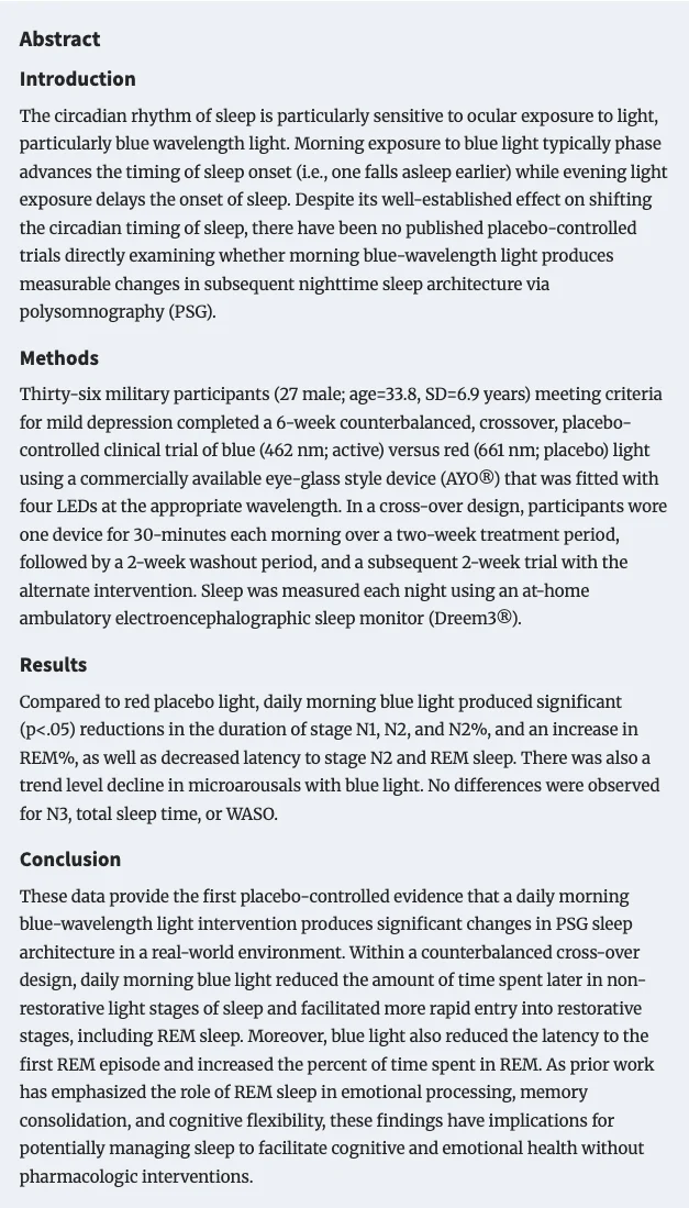 Abstract of a placebo-controlled study on morning blue light therapy improving REM sleep architecture in military participant