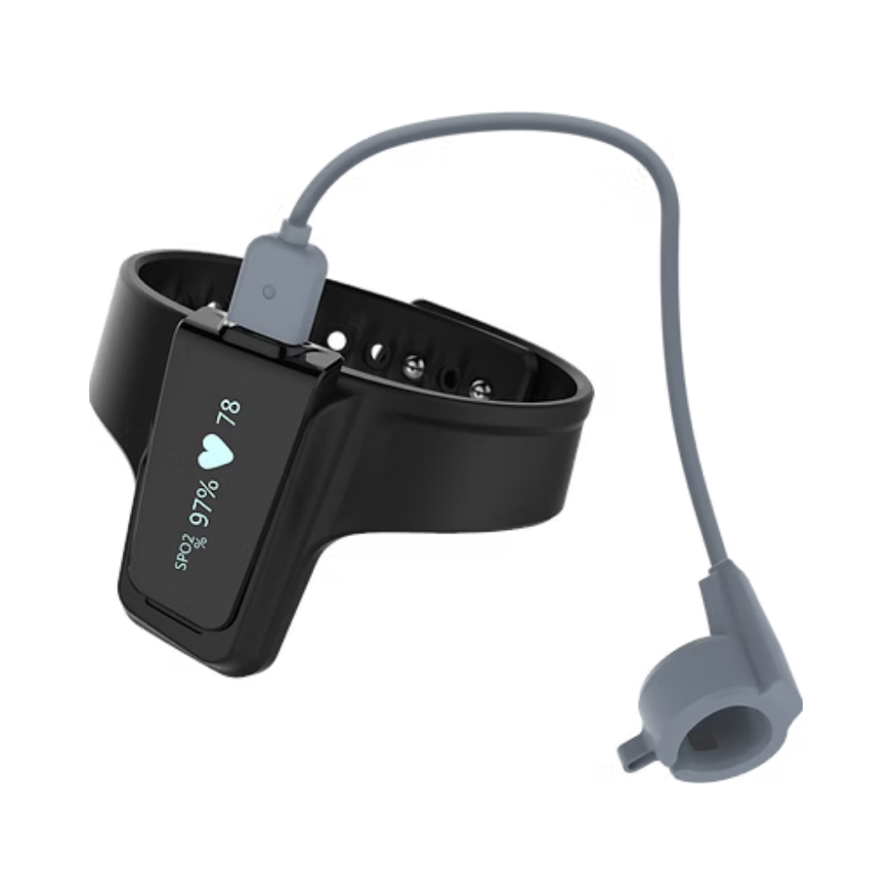 Black fitness tracker wristband displaying SPO2 97% and heart rate 78 BPM, connected to a gray finger pulse oximeter probe vi