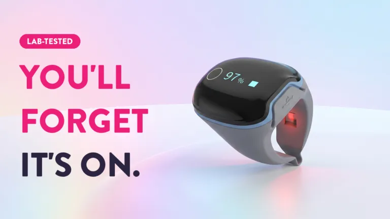 Lab-tested fitness tracker wristband displaying 97% with red heart rate sensor, promoting lightweight comfort wear