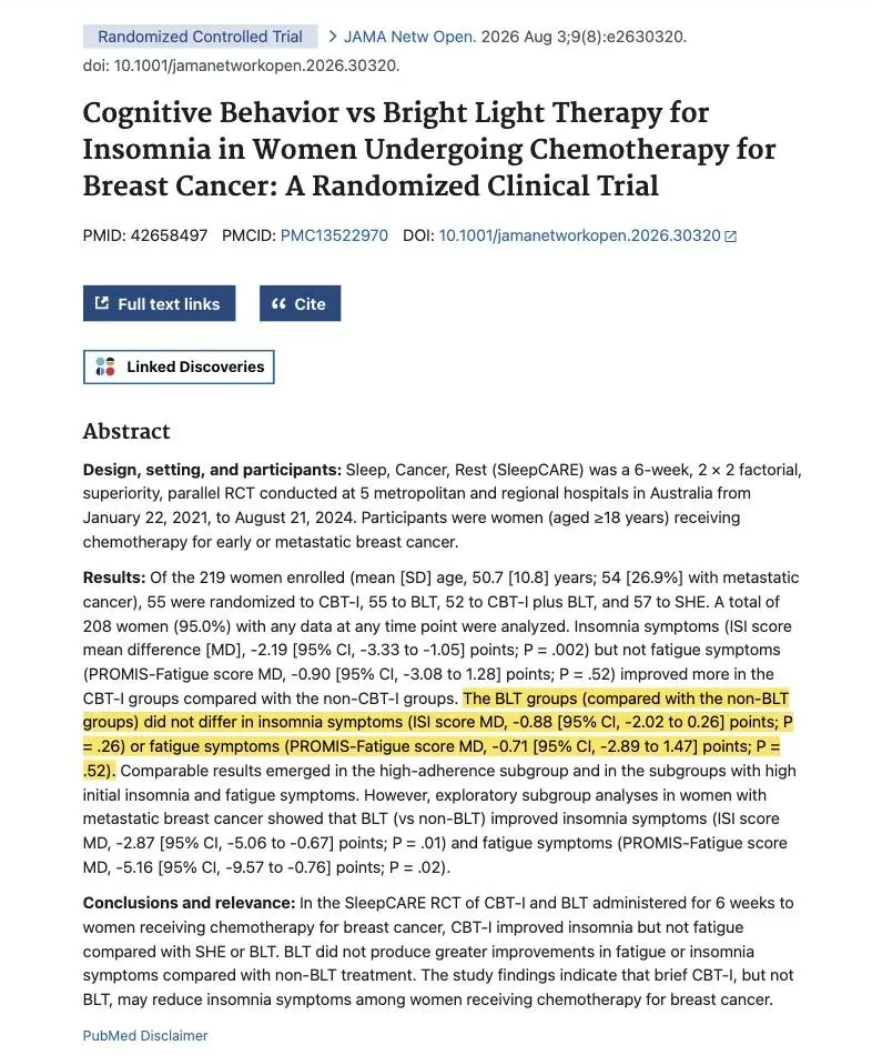SleepCARE trial abstract on PubMed, with the result that the light therapy groups did not differ in insomnia or fatigue highlighted