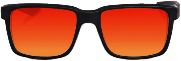 Black rectangular sunglasses with bright red-orange gradient lenses, shown from the front against a white background.